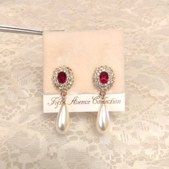 Vintage Red Garnet & Clear Crystal Pearl Gold Tone Dangle Drop Earrings - Picture 3 of 8